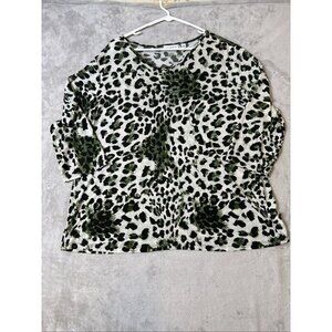 Susan Graver Liquid Knit Top 2X Green Black Animal Print Stretch 3/4 Sleeve